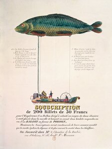 Póster anunciando la suscripción para un globo dirigible en forma de pez